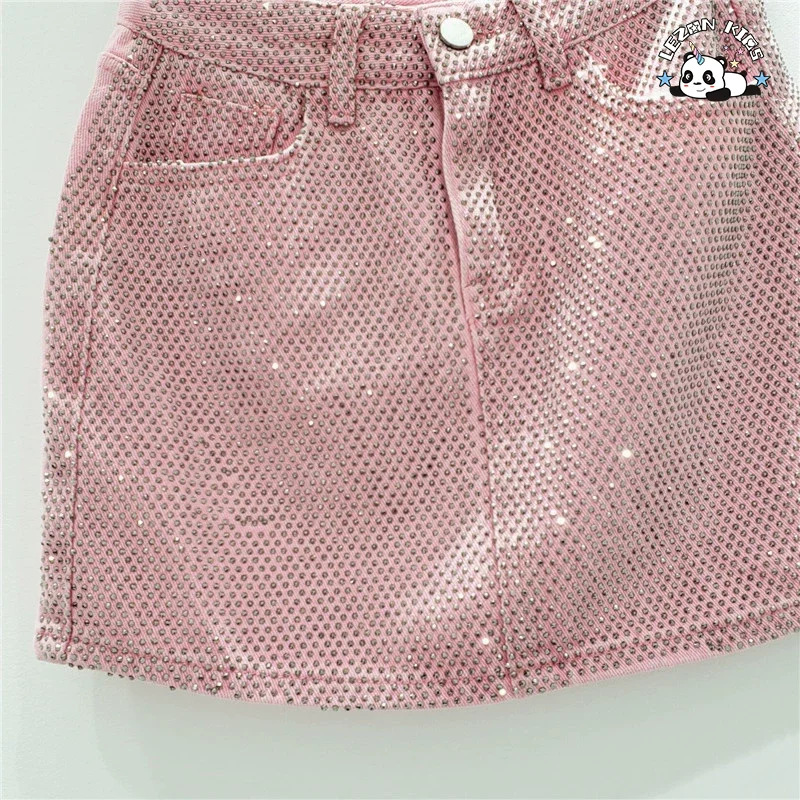 LEZONKIDS - Custom Denim Hot Drilling Skirt Kids Girl Casual Summer Fashion Girls Skirts with Lining